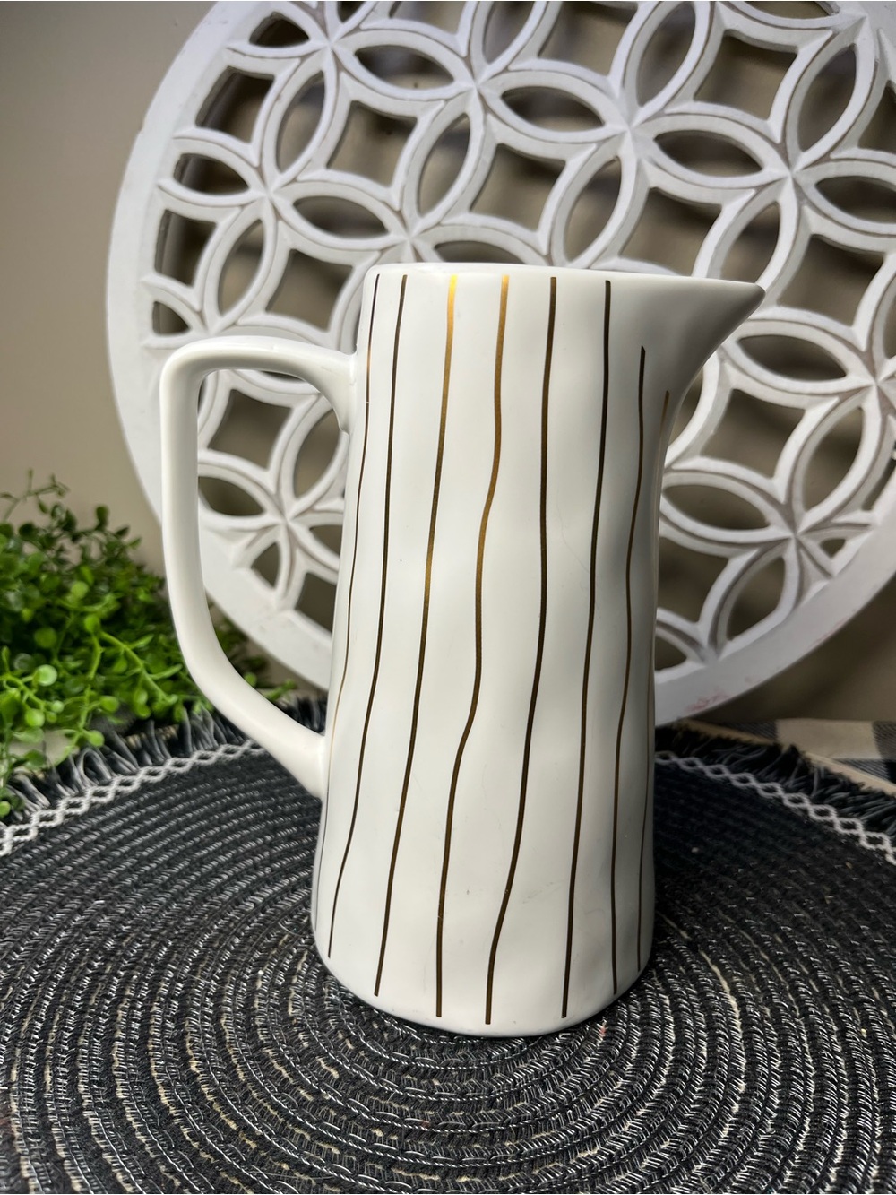 Beautiful Potter’s Studio Discontinued Pitcher White w/ Gold Stripes